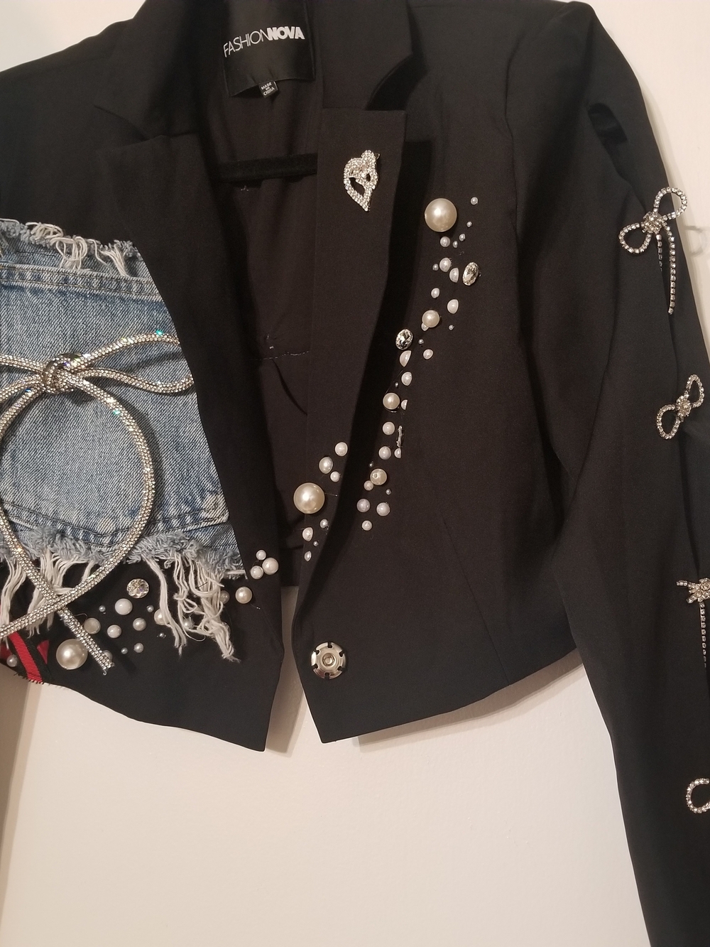 Custom Cropped Blazer- Black  Embellished Blazer Crystal Bow Denim Patch - Picture 2 of 4